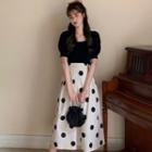 Plain Knit Top / Dotted A-line Midi Skirt