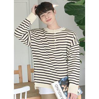 Buttoned-neckline Striped Sweater