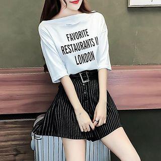 Set: Lettering Off Shoulder Elbow Sleeve T-shirt + Striped Wide Leg Shorts