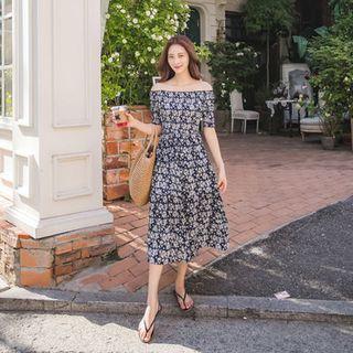 Off-shoulder Smocked Floral Pattern Dress