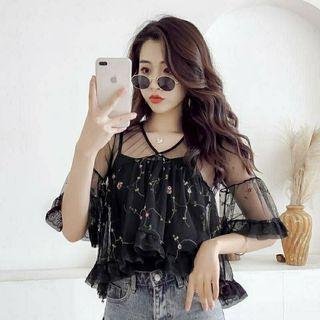 Ruffle Floral Embroidered Chiffon Top