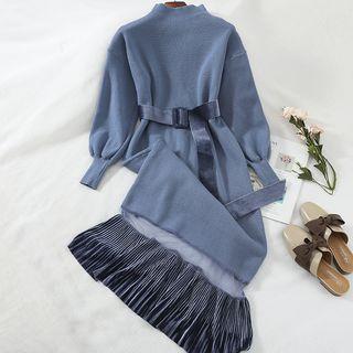 Velvet Panel Long-sleeve Knit Dress