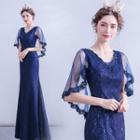 Cape-sleeve Lace Sheath Evening Gown
