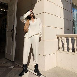 Collared Knit Top / Straight-cut Knit Pants