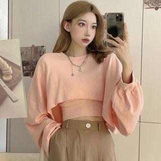 Set: Long-sleeve Puff-sleeve Loose-fit Cropped Sweatshirt + Camisole Top