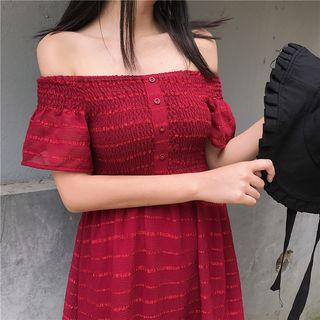 Shirred Off-shoulder A-line Dress