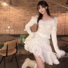 Long-sleeve Fluffy Trim T-shirt / A-line Skirt
