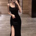 Open Back Side Slit Midi Spaghetti Strap Dress Black - One Size