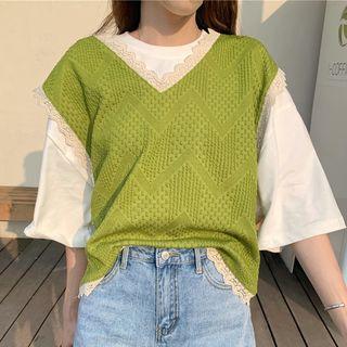 V-neck Knit Vest Green - One Size
