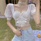 Eyelet Lace Short-sleeve Slim-fit Cropped Top