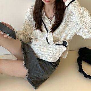 Color-block Cardigan / Frayed Denim Skirt