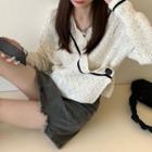 Color-block Cardigan / Frayed Denim Skirt