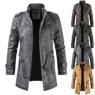 Stand-collar Faux-leather Trench Coat