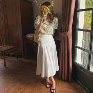Floral Short-sleeve Top + High-waist A-line Skirt