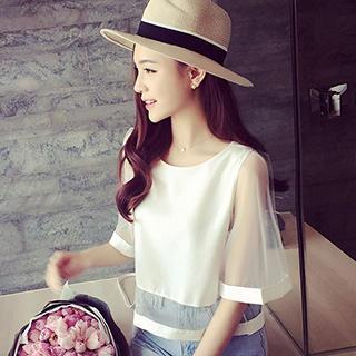 Mesh Panel Chiffon Blouse