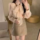 Long-sleeve Tie-neck Chiffon Blouse Almond - One Size