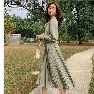 Long-sleeve Tie-neck Midi A-line Pleated Skirt