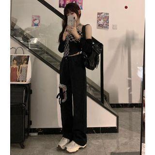 Plain Cardigan / Checkered Halter Top / Cut-out Bow Detail Wide-leg Jeans