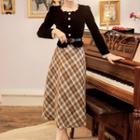 Lace Trim Velvet Buttoned Blouse / Plaid Midi Skirt