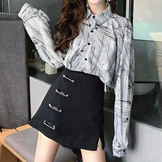 Printed Shirt / Pin Accent Mini A-line Skirt
