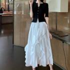 Set: Single-breasted Knit Cardigan + Ruffled Trim Skirt