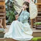 Hanfu Set: Long-sleeve Top + Pleated Maxi Skirt + Scarf