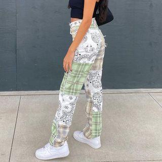 Plaid Panel Fluffy-trim Straight Leg Jeans