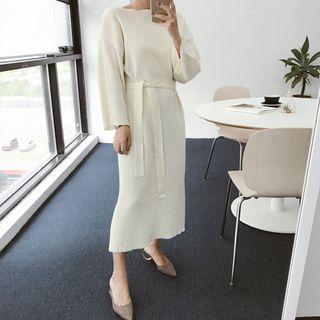 Round-neck Slit-side Knit Dress With Sash