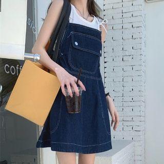 Denim Mini A-line Overall Dress Dark Blue - One Size