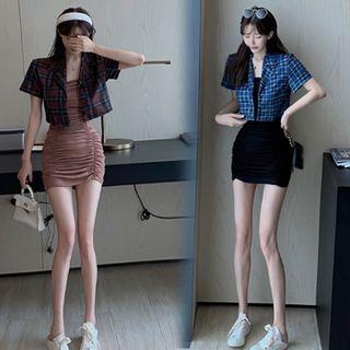 Short-sleeve Plaid Blazer / Strapless Shirred Sheath Dress