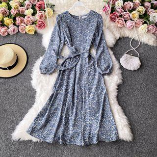 Round-neck Retro Floral Print Bell-sleeve Dress With Sash