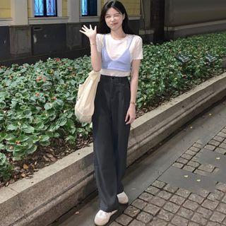 Short-sleeve Plain T-shirt / Cropped Camisole Top / Wide Leg Dress Pants