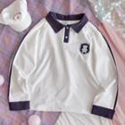 Contrast Trim Embroidered Long-sleeve Polo Shirt As Shown In Figure - One Size