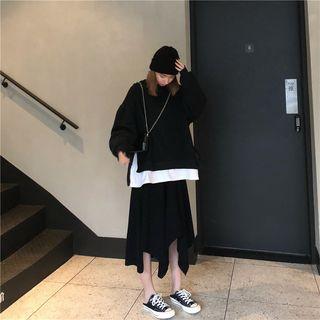 Mock Two-piece Pullover / Knit Asymmetric Hem Midi Skirt