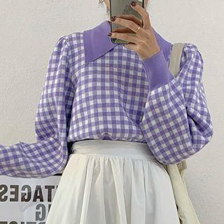 Collared Plaid Cropped Knit Top