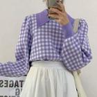 Collared Plaid Cropped Knit Top