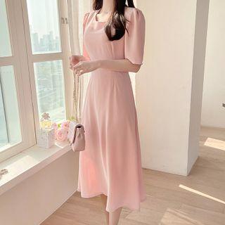 Puff-shoulder Long Flare Dress