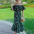 Short-sleeve Off-shoulder Floral Print Midi Mermaid Dress