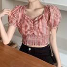 Balloon-sleeve Plaid Cropped Blouse