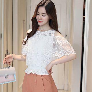 Elbow-sleeve Cold Shoulder Lace Top