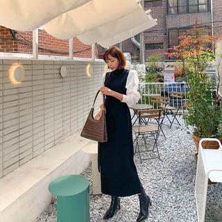 Turtle-neck Shirt-sleeve Long Knit Dress With Sash