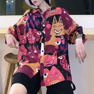 Elbow-sleeve Monster Print Shirt Red - One Size