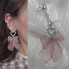Faux Pearl Heart Mesh Bow Dangle Earring 0003a - 1 Pc - Earring - Nude Pink - One Size