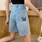 Butterfly Embroidered Straight-cut Denim Shorts
