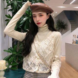 Turtleneck Long-sleeve Knit Top / Lace Vest