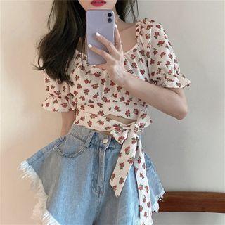 Short-sleeve Floral Print Tie-waist Crop Top White - One Size