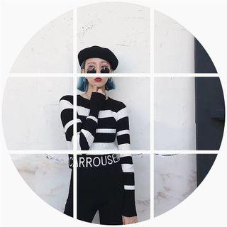Lettering Stripe Long-sleeve Knit Top