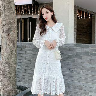 Flared-cuff Collared Midi A-line Lace Dress