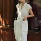 Sleeveless Belted Shirred Midi A-line Dress