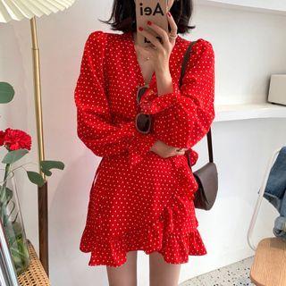 Polka Dot V-neck Ruffle Trim Mini Dress